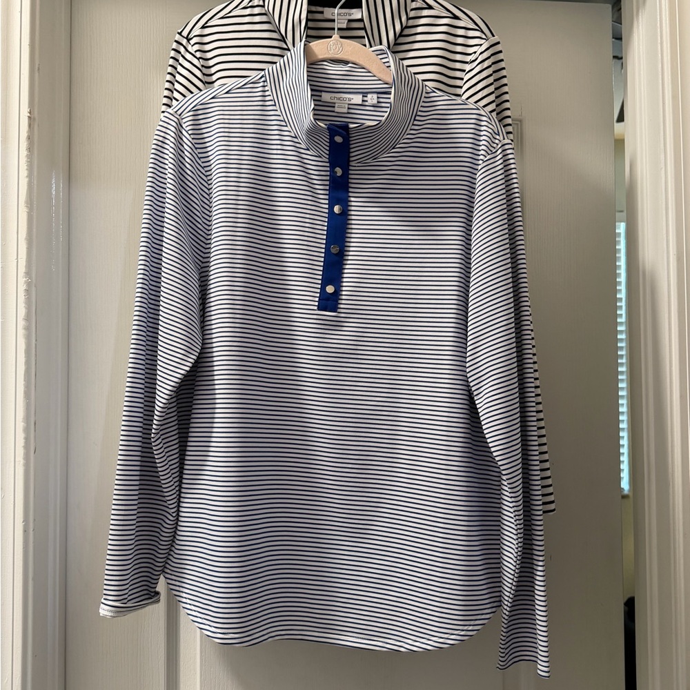 Chico's Navy and White Striped Button Down Shirt